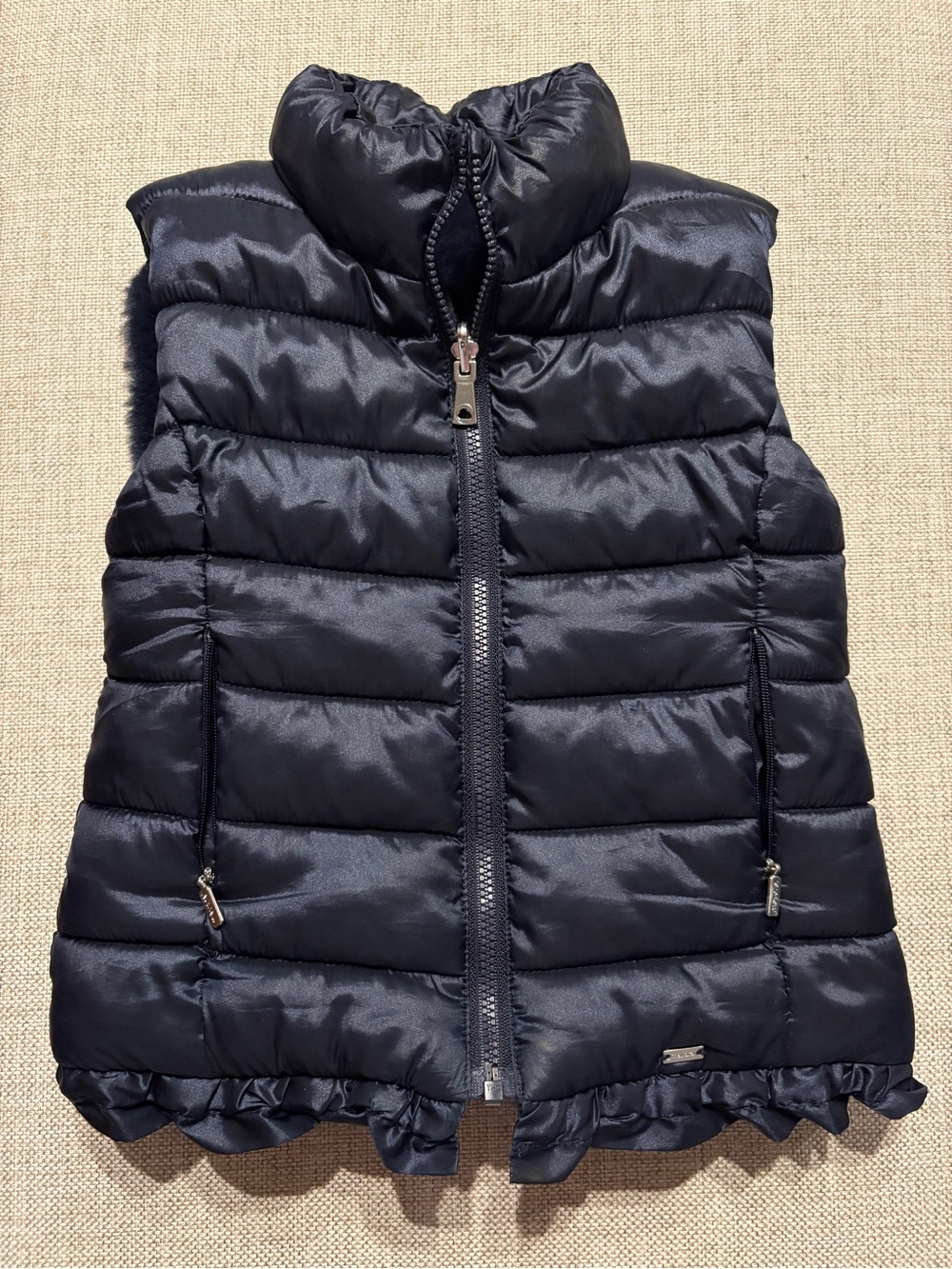 Mayoral Girls Size 2 Navy Puffer Vest Faux Fur Lined Ruffle Hem